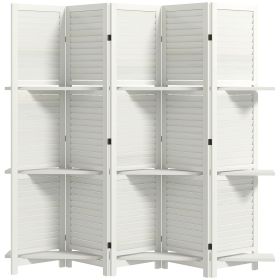HOMCOM 5 Panel 67" Tall Wood Privacy Screen Room Divider with 3 Shelves and Folding Storage for Bedroom, White