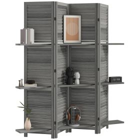 HOMCOM 4 Panel 67" Tall Wood Room Separator Partition Wall Divider, Room Divider w/ 3 Display Shelves & Folding Storage for Bedroom Home Office, Gray