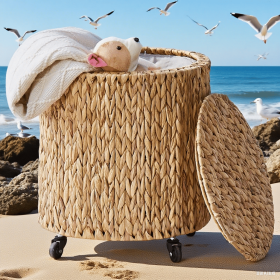 Vintage Storage Basket, Multipurpose Rolling Hamper With Brakable Wheels and Lid, Braid Laundry Bin