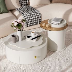 U-Can Modern Round Coffee Table Set of 2 , 360-Degree Rotatable Flower-shaped Top with 2 Drawers