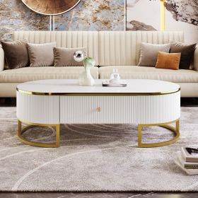 Modern Oval Coffee Table with Drawers,Curved Profile Design, Gold Metal Decor, Center Table for Living Room in 47.2"