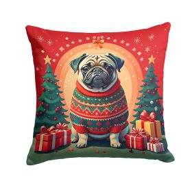 Fawn Pug Christmas Throw Pillow Machine Washable, Indoor Outdoor Decorative Pillow for Couch, Bed or Patio, 14Hx14W