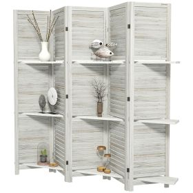 HOMCOM 5 Panel 67" Tall Wood Privacy Screen Room Divider with 3 Shelves and Folding Storage for Bedroom, Distressed White
