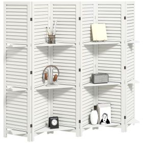 HOMCOM 6 Panel 67" Tall Wood Privacy Screen Room Divider with 3 Shelves and Folding Storage for Bedroom, White