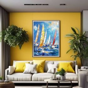 Colorful Sea Sailboat Regatta Textured Oil Painting Canvas Art for Nautical Lovers Unique Wall Décor Gift for Sailing & Surfing Enthusiasts (style: 01, size: 80x120cm)
