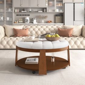 Modern Large Round Ottoman Coffee Table 2-Tier Oversized Button Tufted Ottoman with Wood Shelf Storage Upholstered Coffee Table for Living Room F (Color: Ivory White, Material: Rubber Wood)